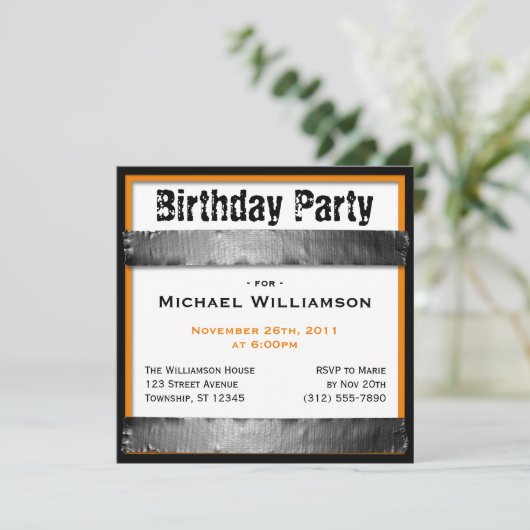 ダクトテープスクエアメンズオレンジ誕生日招待状 招待状 (スタンド正面)