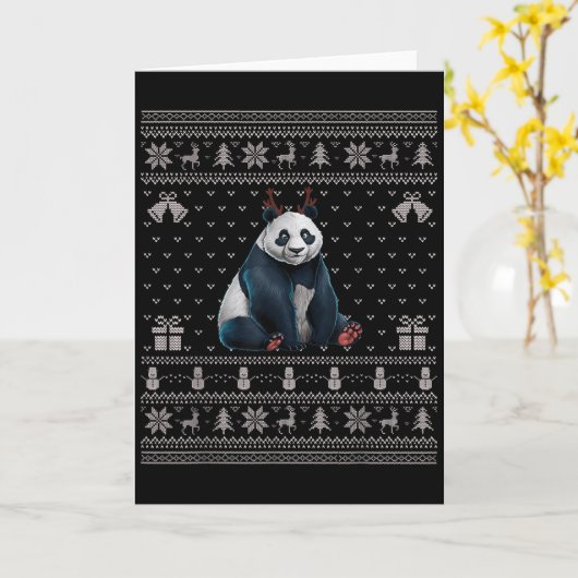ダサいクリスマススウェットスタイルのパンダとトナカイのクリスマス カード (黄色い花)
