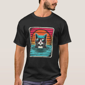 ダサかわレトロサンセットリラックスネコねこ好きママパパC Tシャツ