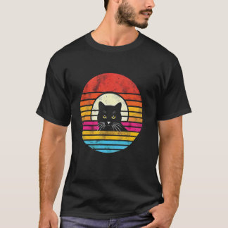 ダサかわレトロサンセット黒猫ママパパ子猫 Tシャツ