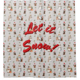 ダシュントの子犬たち：サンタハット、ホリー、雪だるま シャワーカーテン