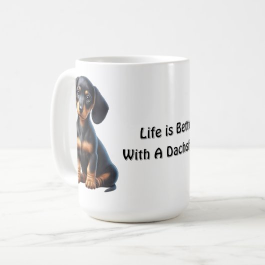 ダシュントの子犬は座って無垢で見て コーヒーマグカップ (正面左)