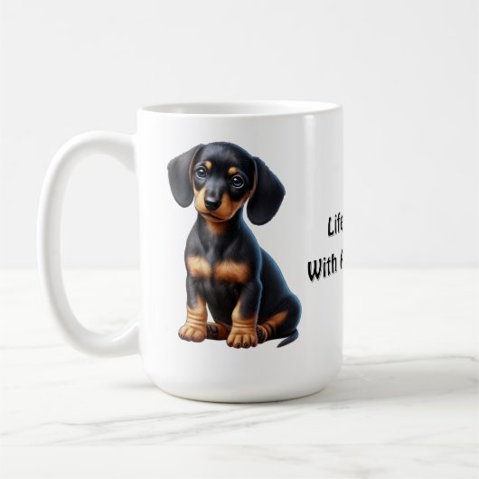 ダシュントの子犬は座って無垢で見て コーヒーマグカップ (左)