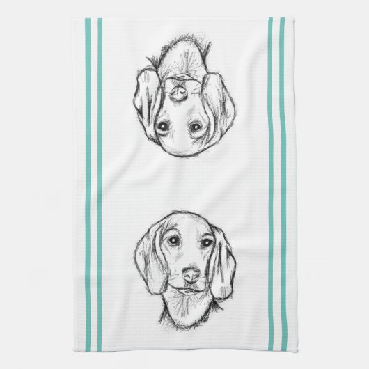 ダシュント手描きスケッチ白黒子犬 キッチンタオル (縦)