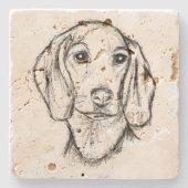 ダシュント手描きスケッチ白黒子犬 ストーンコースター (正面)