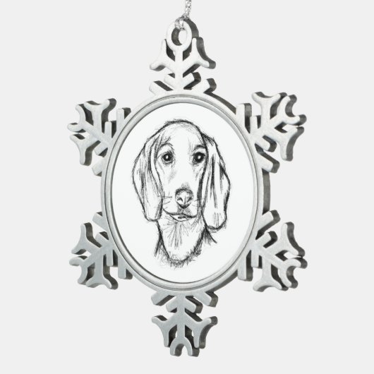 ダシュント手描きスケッチ白黒子犬 スノーフレークピューターオーナメント (右)