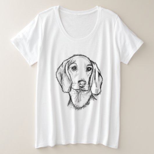 ダシュント手描きスケッチ白黒子犬 プラスサイズTシャツ (デザイン正面)