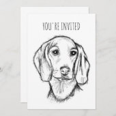 ダシュント手描きスケッチ白黒子犬 招待状 (正面/裏面)