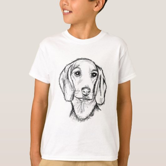 ダシュント手描きスケッチ白黒子犬 Tシャツ (正面)