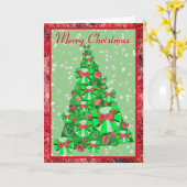 ダシュント犬の品種の弓シルエットクリスマスツリー カード (黄色い花)