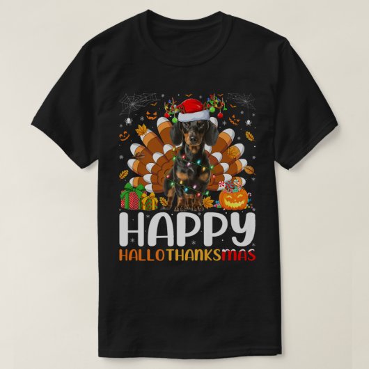 ダシュント犬の恋人ハロウィンクリスマスハッピーホール Tシャツ (デザイン正面)
