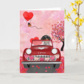 ダシュント犬の車ハートバレンタイン カード (黄色い花)