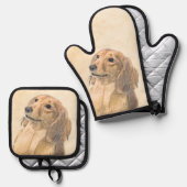 ダシュント絵を描ロン毛赤のオリジナルドッグアート 鍋つかみ&鍋敷きセット (正面/裏面)