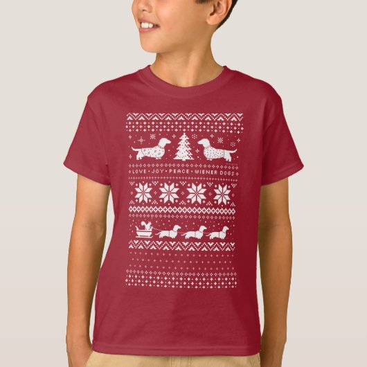 ダシュント | Love Joy Peace Wiener Dogs Christmas Tシャツ (正面)