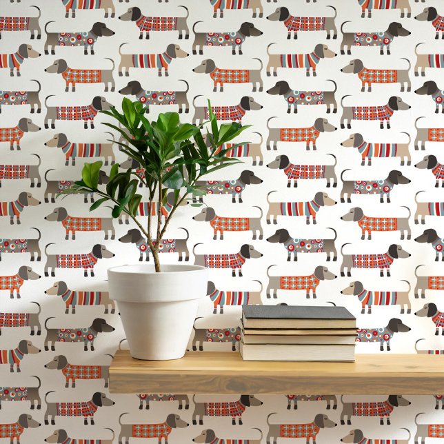 ダシュンドウィナーソーセージドッグ 壁紙 (Fun Dachshund Wiener Sausage Dogs in sweaters pattern peel and stick wallpaper)