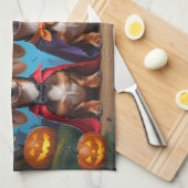 ダシュンドッグスパンプキンハロウィンおもしろい キッチンタオル (四つ折り)