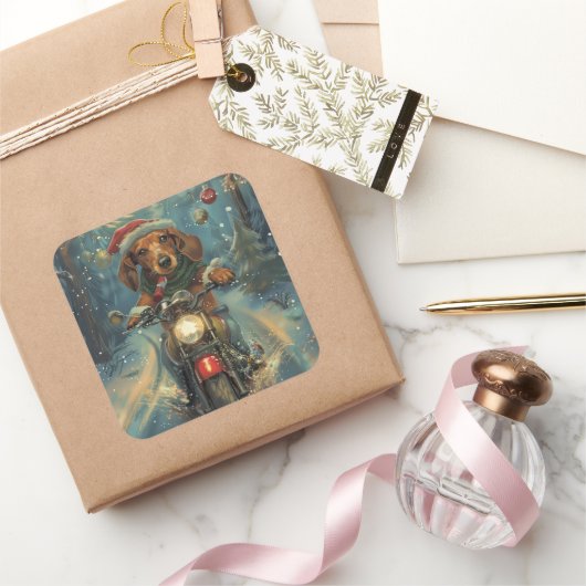 ダシュンドドッグオートバイクリスマス スクエアシール (ギフト)