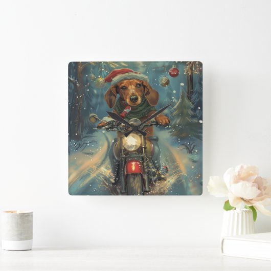 ダシュンドドッグオートバイクリスマス スクエア壁時計 (ホーム)