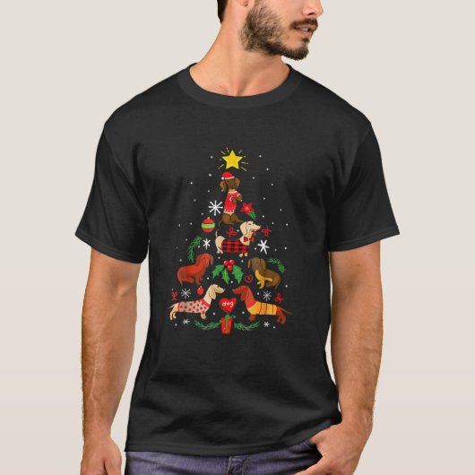 ダシュンドドッグオーナメントツリーおもしろいクリスマス Tシャツ (正面)