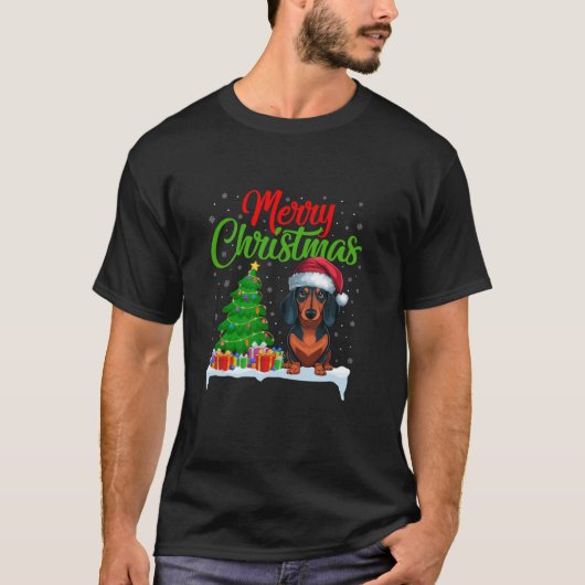 ダシュンドドッグクリスマスツリーライトズクリスマスダシュント Tシャツ (正面)