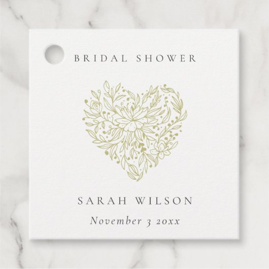 ダスキグリーンミニマルフローラハートブライダルシャワー フェイバータグ (正面)