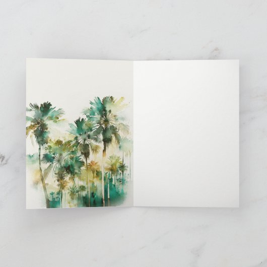 ダスキーグリーン熱帯水の色のヤシの木結婚の木 サンキューカード (内部)