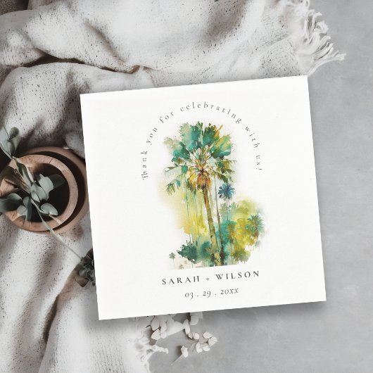 ダスキーグリーン熱帯水の色のヤシの木結婚の木 スタンダードカクテルナプキン