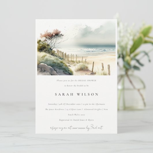 ダスキーコースタルサンドビーチシースケープブライダルシャワー 招待状 (スタンド正面)