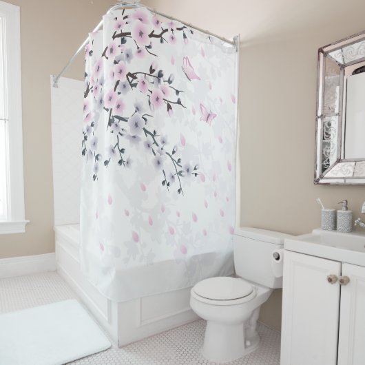 ダスキーピンクモーブホワイトさくらんぼブロッサム シャワーカーテン (インサイチュ)