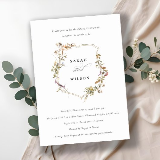 ダスキーピンク赤面ワイルドフラワークレストカップルのシャワー 招待状