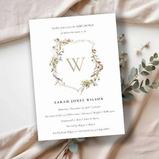 ダスキーピンク赤面ワイルドフラワークレストベビーシャワー 招待状