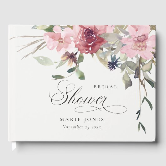 ダスキーブルーとバラの野生の花のブライダルシャワー ゲストブック (正面)