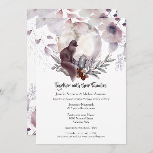 ダスキーブルーのピンクの花と黒猫のムーンワークスカラー 招待状 (正面/裏面)