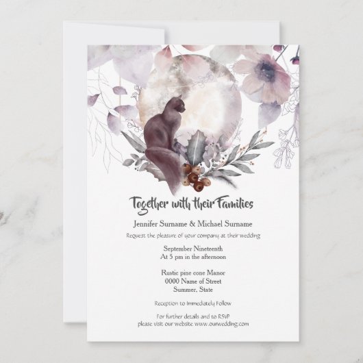 ダスキーブルーのピンクの花と黒猫のムーンワークス 招待状 (正面)