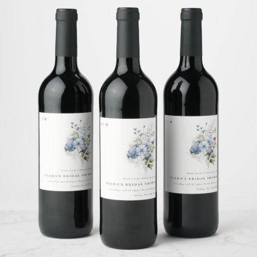 ダスキーブルーの水彩コットン花嫁のシャワー ワインラベル (ボトル)