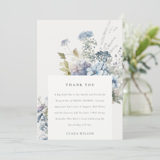 ダスキーブルーの水彩コテージ フラワーブライダルシャワー サンキューカード (スタンド正面)