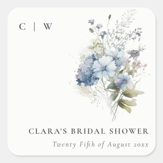 ダスキーブルーの水彩コテージ フラワーブライダルシャワー スクエアシール (正面)