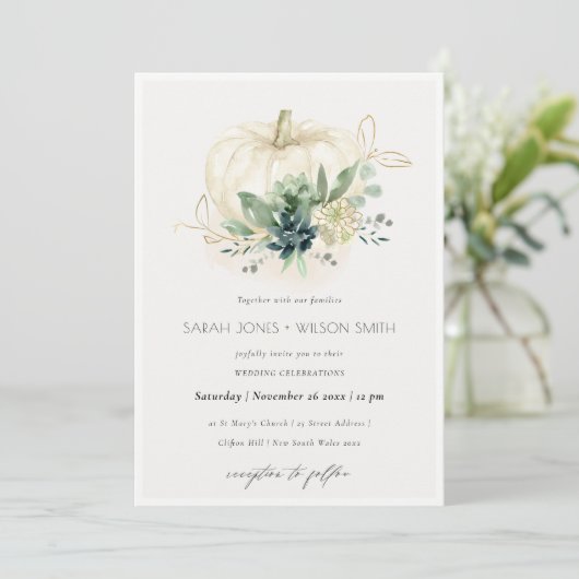 ダスキーブルーグリーン多肉質カボチャの結婚式の招待 サンキューカード (スタンド正面)