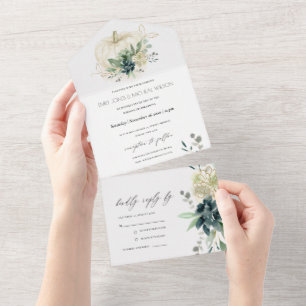 ダスキーブルーグリーン金ゴールド多肉性カボチャ結婚の オールインワン招待状