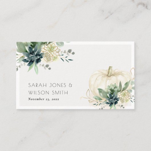 ダスキーブルーグリーン金ゴールド多肉性カボチャ結婚の プレイスカード (正面)