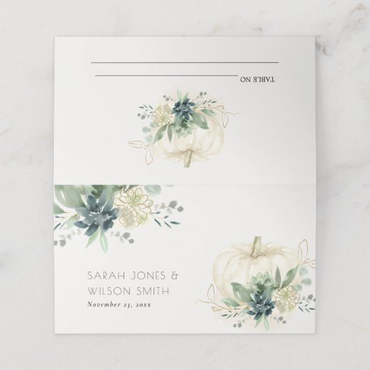 ダスキーブルーグリーン金ゴールド多肉性カボチャ結婚の プレイスカード (外部開封)