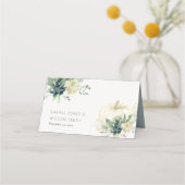 ダスキーブルーグリーン金ゴールド多肉性カボチャ結婚の プレイスカード (正面)