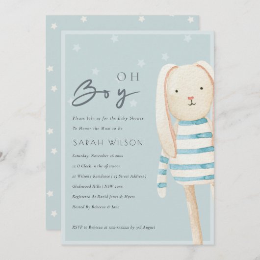ダスキーブルーグレーバニーOhボーイベビーシャワー招待状 サンキューカード (正面/裏面)