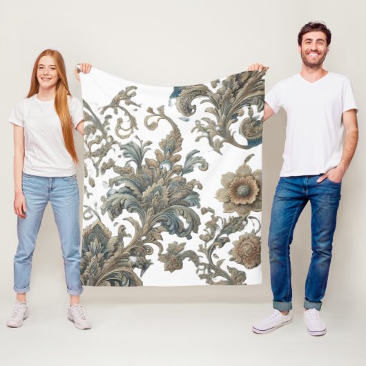 ダスキーブルーフローラブロケードパターン フリースブランケット (インサイチュ)