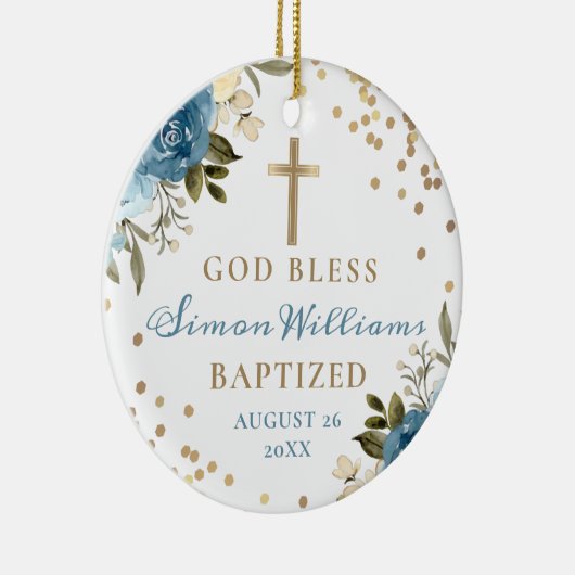 ダスキーブルーフローラ金ゴールドグリッターバプテスマ写真 セラミックオーナメント (右)