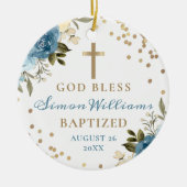 ダスキーブルーフローラ金ゴールドグリッターバプテスマ写真 セラミックオーナメント (正面)