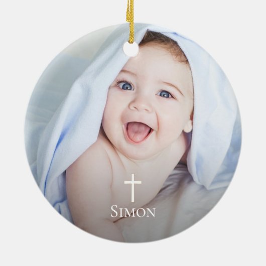 ダスキーブルーフローラ金ゴールドグリッターバプテスマ写真 セラミックオーナメント (裏面)
