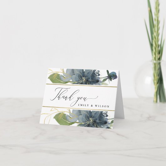 ダスキーブルー金ゴールドグリーンフローラ水結婚色 サンキューカード (正面)