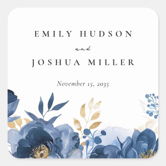 ダスキーブルー金ゴールド結婚フローラ スクエアシール (正面)