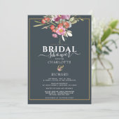 ダスキーブルー、ピンクの花モチーフ ゴールドのウェディングシャワー   招待状 (スタンド正面)